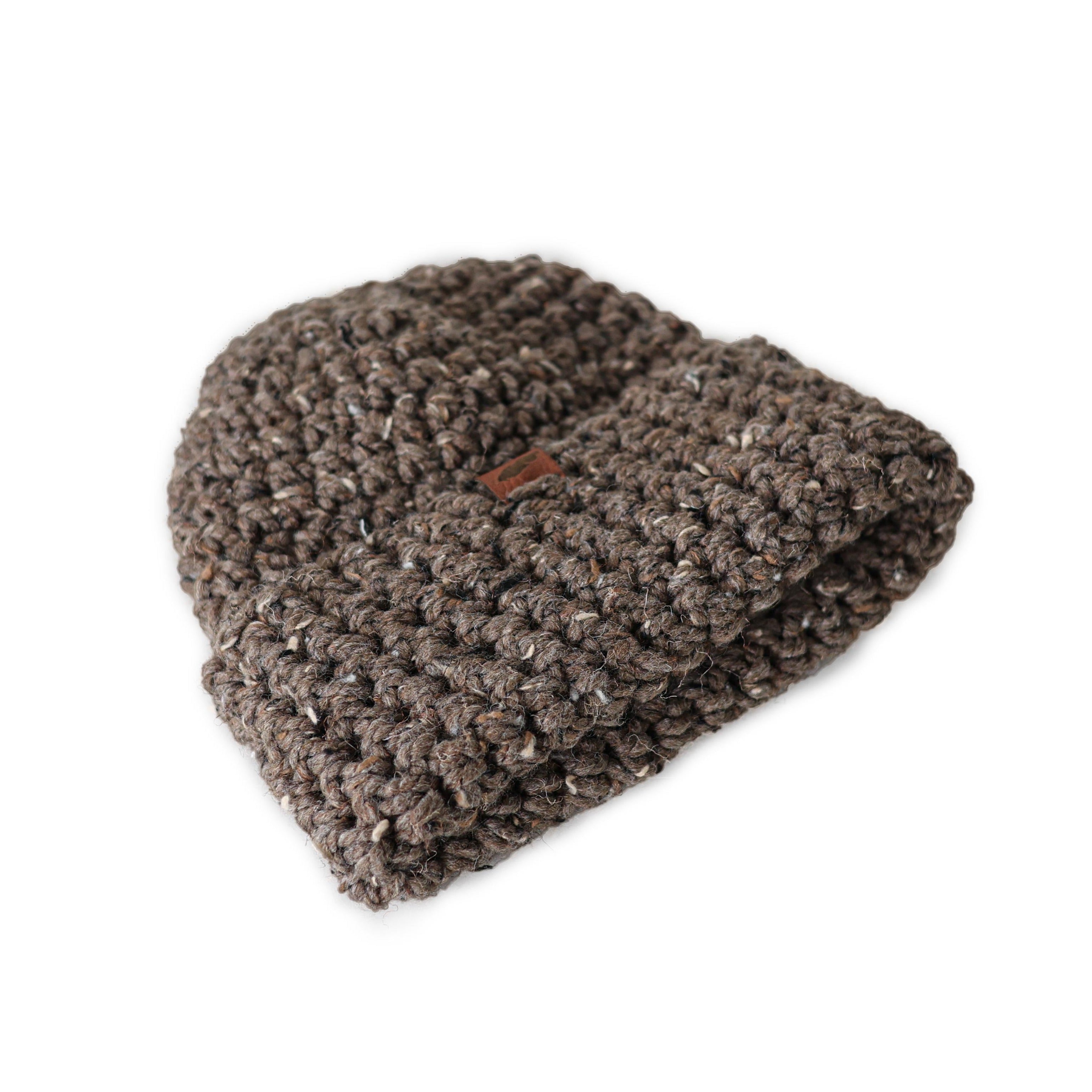 brown chunky knit beanie rolled up cuff unisex