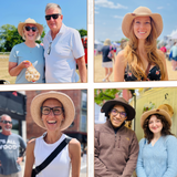 4 sets of customers in North ferry packable sun hats ranging in age and gender to show how stretchy these hats will fit all sizes