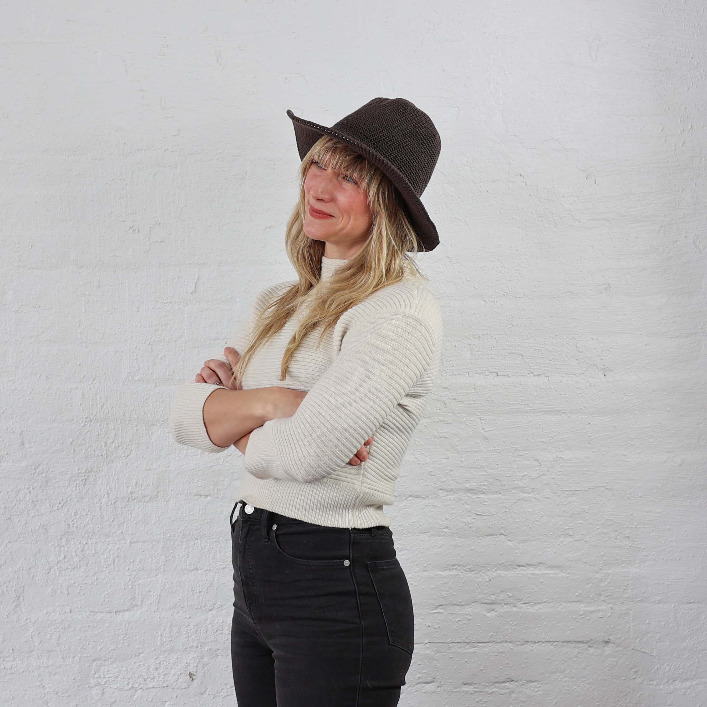Dark Brown Floppy Brim Crochet Sun Hat. Organic cotton,flexible, and all seasonal style