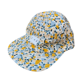 Yellow and Blue Floral Polka Dot Print 5 panel Flat Brim Snapback Cap handmade with Upcycled recycled prints and black adjustable clip 