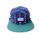 Front VIew Blue and Maroon Diamond Print 5 panel Flat Brim Cap with solid Green Brim, White FOH tag, and Black Adjustable Clip