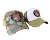 Two hats, one camouflage and one white with green brim, featuring a 'Library Guardian' logo.