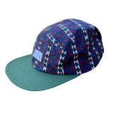 Blue and Maroon Diamond Print 5 panel Flat Brim Cap with solid Green Brim, White FOH tag, and Black Adjustable Clip