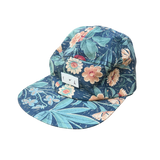 5-panel flat brim caps made with Upcycled and recycled prints featuring blue florals with soft peach flowers