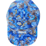 Top View Winter Blue Florals Print 5 panel Flat Brim Cap, all one print.  Blue Stitching