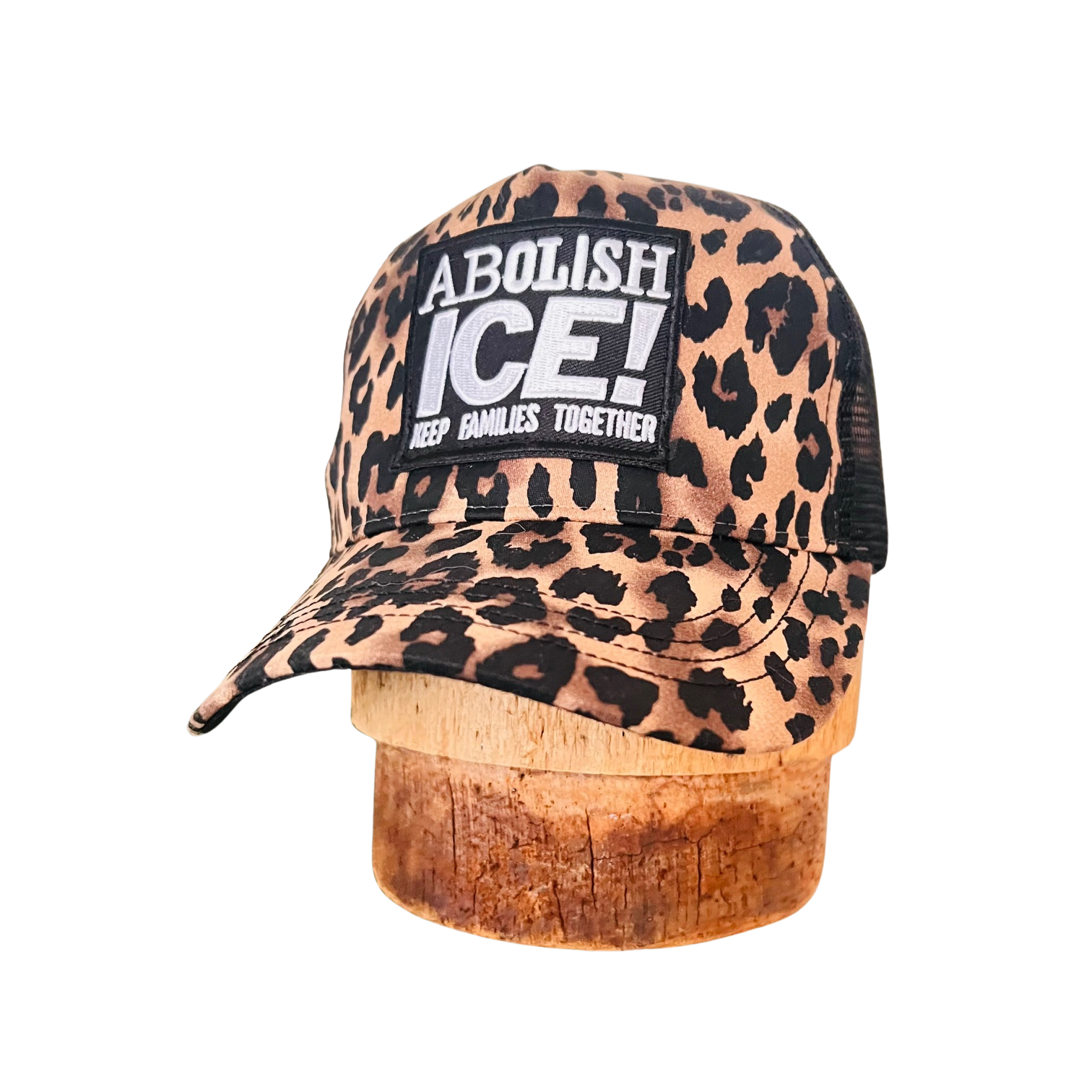 Leopard Animal Print Mesh Trucker Cap with Abolish Ice Patch 