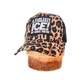 Leopard Animal Print Mesh Trucker Cap with Abolish Ice Patch 