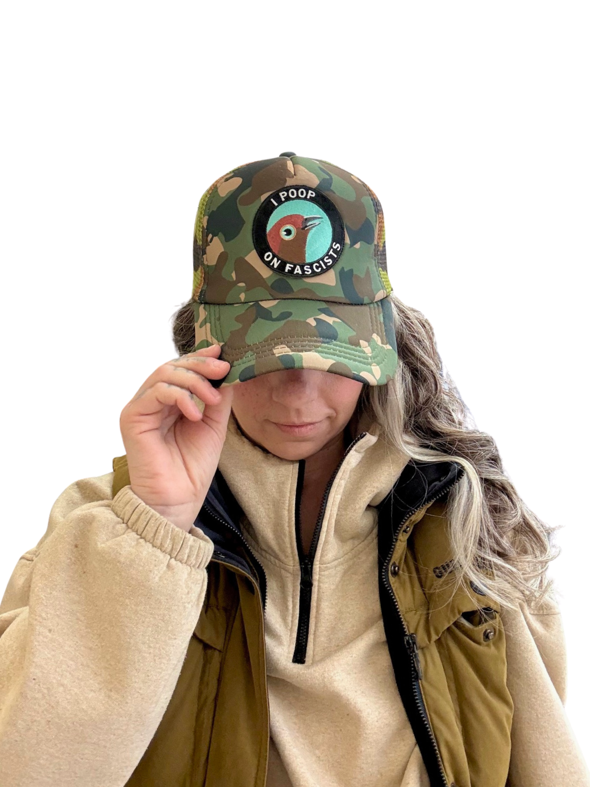 North Ferry Hats Troubled Birds Cap Collection featuring Mincing Mockingbird Patches that say I Poop on Facists and Racists Available in Camo 