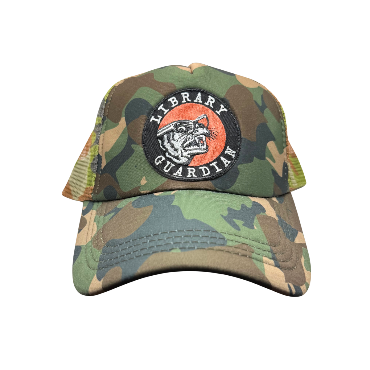 Camouflage cap with 'Library Guardian' patch on a white background North Ferry Hats Troubled Birds Baseball Cap Collection for Earth Day featuring Library Guardian Patch and artwork by Mincing Mockingbird. Support a womanowned small business in Ithaca NY for Earth Day Womens History Month and Spring Hat Shpping