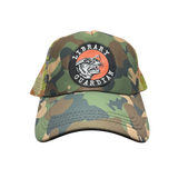 Camouflage cap with 'Library Guardian' patch on a white background North Ferry Hats Troubled Birds Baseball Cap Collection for Earth Day featuring Library Guardian Patch and artwork by Mincing Mockingbird. Support a womanowned small business in Ithaca NY for Earth Day Womens History Month and Spring Hat Shpping