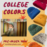 Promotional graphic for North Ferry Hats featuring multiple chunky knit beanie hats in different colors, including blue, yellow, green, orange, pink, and gray, alongside a small inset photo of a person wearing a knitted hat in a library. Text reads 'COLLEGE COLORS' and 'PRE-ORDER NOW northferry hats.