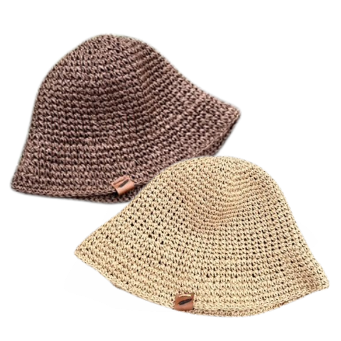 Hand crochet Bucket Hats made with paperweight straw option in dark chocolate brown and light tan beachy colors