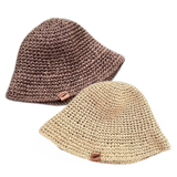 Hand crochet Bucket Hats made with paperweight straw option in dark chocolate brown and light tan beachy colors