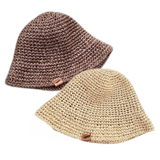 Two Crochet Bucket Hats laying flat, a dark brown option and a light tan option available at North Ferry Hats a relaxed fit for adults and kids and companion product to the new North Ferry Packable Straw Hat