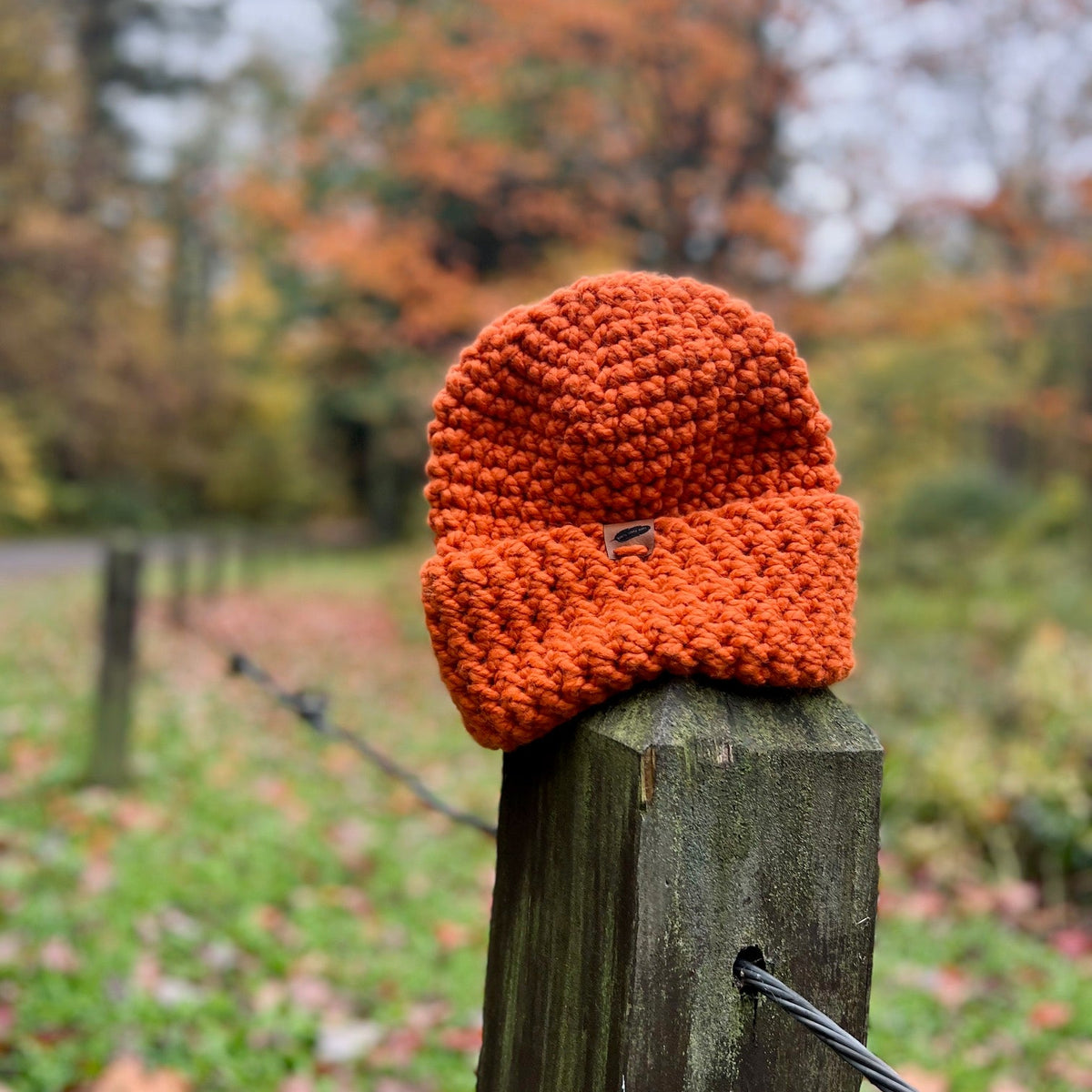 Blaze Orange High Visibility Hat Color by North Ferry Hats, featured in the Fall Foliage and the Woods during Hunting Season