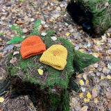 Two knitted hats, one orange and one yellow, on a moss-covered log in a forest setting.