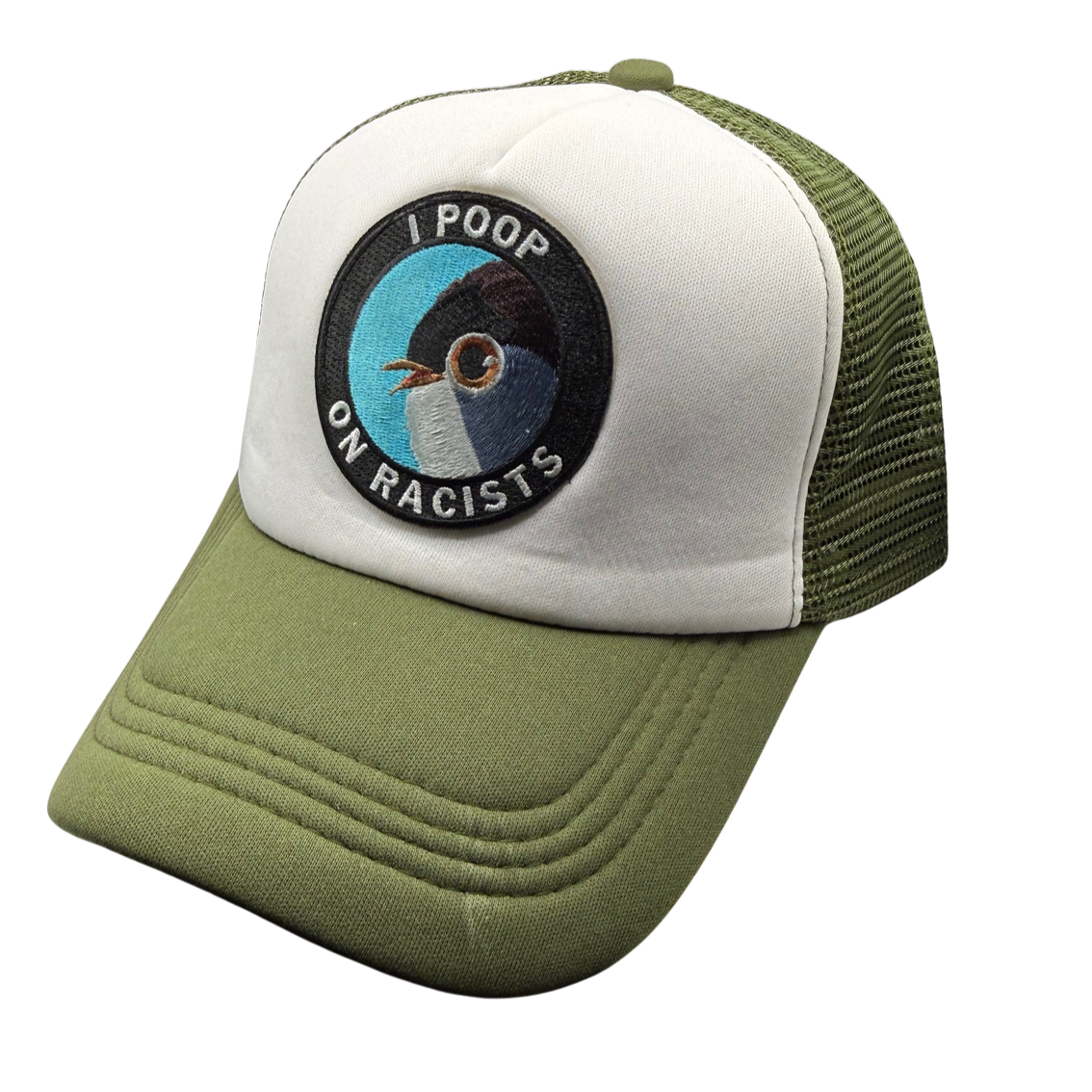 Green and white cap with a graphic and text on a white background North Ferry Hats Activism Merch and Apparel made in Finger Lakes near Cornell Univeresity Lab of Ornithology Bird watching the Great Migration