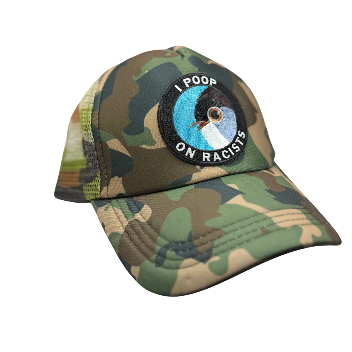 Camouflage cap with a patch that says 'I Poop on Racists' on a white background Cornell Lab of Ornithology Merch and Activism apparel Ithaca NY Ithaca is Gorges Cap