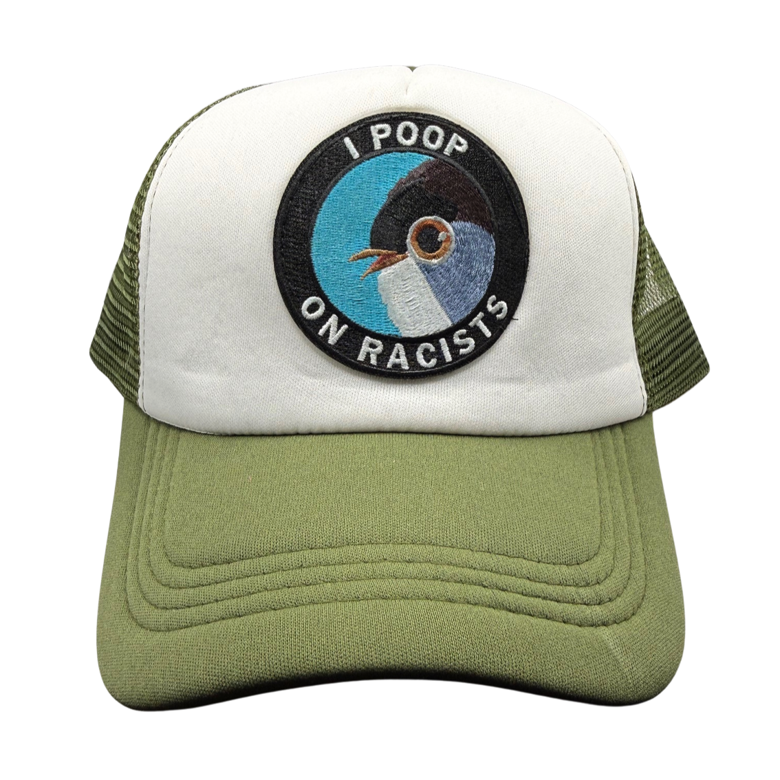 Army Green and White Trucker Cap with a Mincing Mockingbird Patch Made by North Ferry Hats in Ithaca NY 