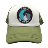 Army Green and White Trucker Cap with a Mincing Mockingbird Patch Made by North Ferry Hats in Ithaca NY 