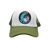 Front of green and white Trucker Cap with Circle Bird Patch Cornell Lab of Ornithology Ithaca NY Finger Lakes Bird Watching Hats North Ferry Hats 
