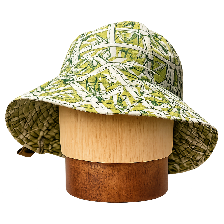 One Print Green Jungle Botanical Print for End of Summer Hat Sales. Reversible Bucket HAt style with stiff flexible brim