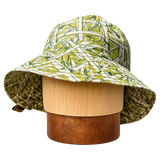 One Print Green Jungle Botanical Print for End of Summer Hat Sales. Reversible Bucket HAt style with stiff flexible brim