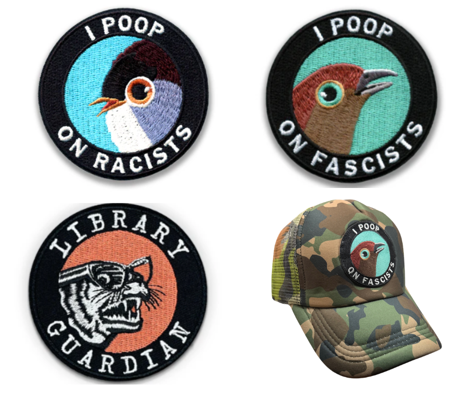 Four patches with different designs and a camouflage cap with a patch on it, on a white background. Patches available for North Ferry Hats trouble birds Cap collections choose one of these designs for your Trucker Cap Hat Bar options