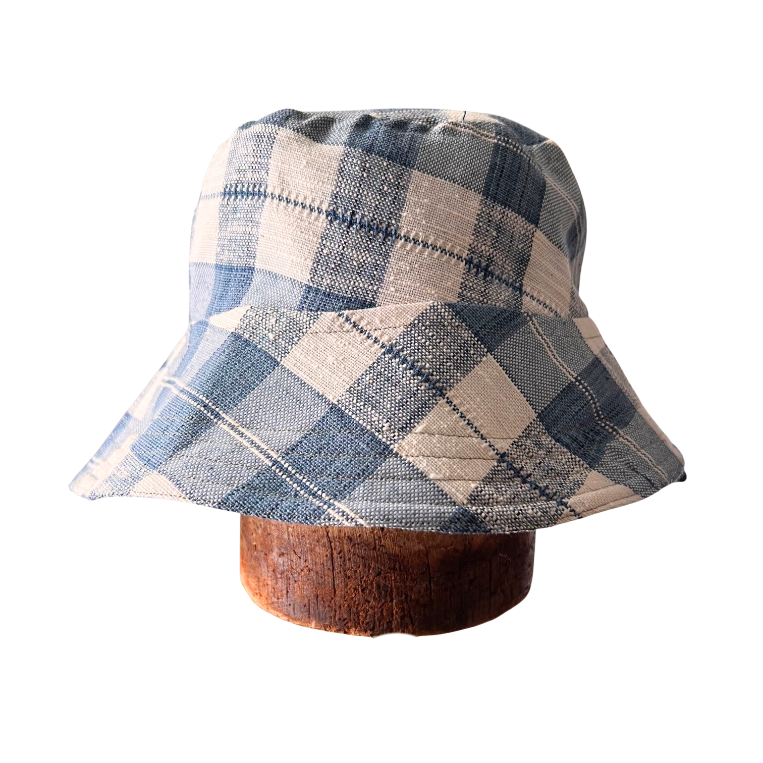 Blue and White gingham fabric bucket hats, hand-made in Ithaca NY using Upcycled Fabrics, Sustainable Woman Owned Brands that makes packable Sun hats bucket hats and beach hats