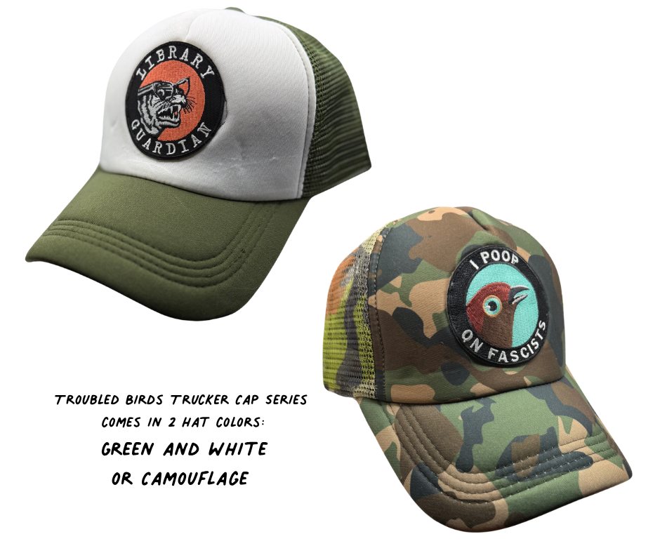 Two trucker caps, one green and white, the other camouflage, with a label on a white background.