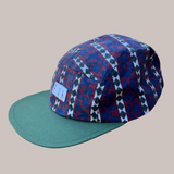 Blue and Maroon Diamond Print 5 panel Flat Brim Cap with solid Green Brim, White FOH tag, and Black Adjustable Clip