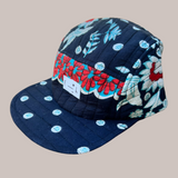 Black with Red and White accents Quilted 5 Panel Flat Brim Cap