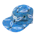 Blue Print 5 panel Flat Brim Hat Ovals with light blue polka dots and hints of black light stitching 