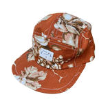 Brown Autumn Floral Cap in 5 panel flat brim style, with adjustable clip. Orange of and off white print 