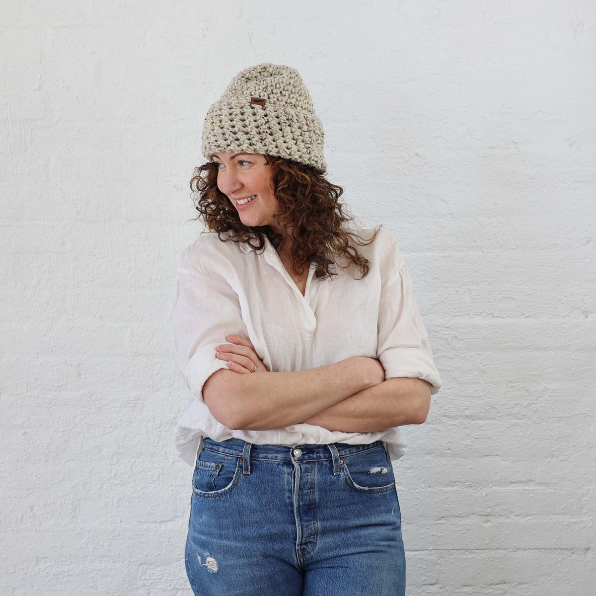 Oatmeal Beanie Styled on Woman, Casual, Thick Warm and Folded up 