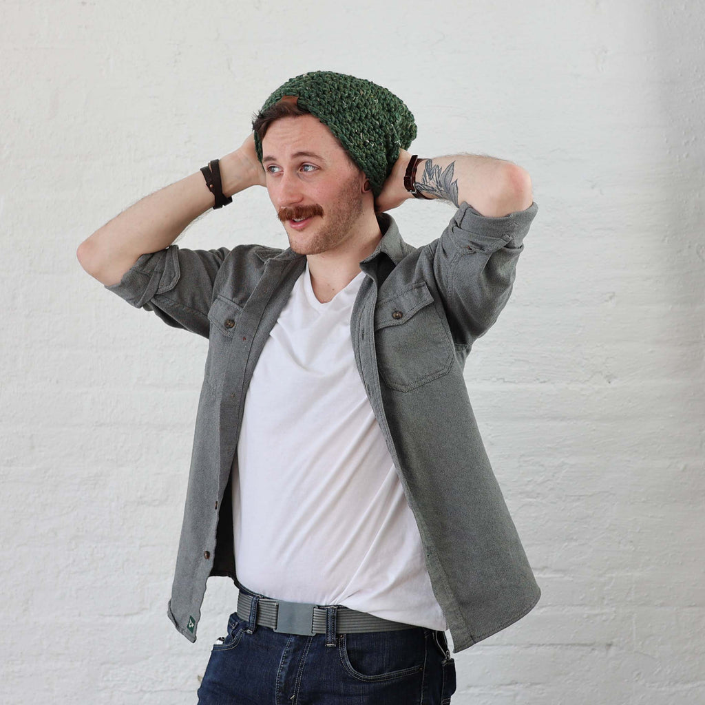 Slouchy Loose Green Beanie styled in casual fit 