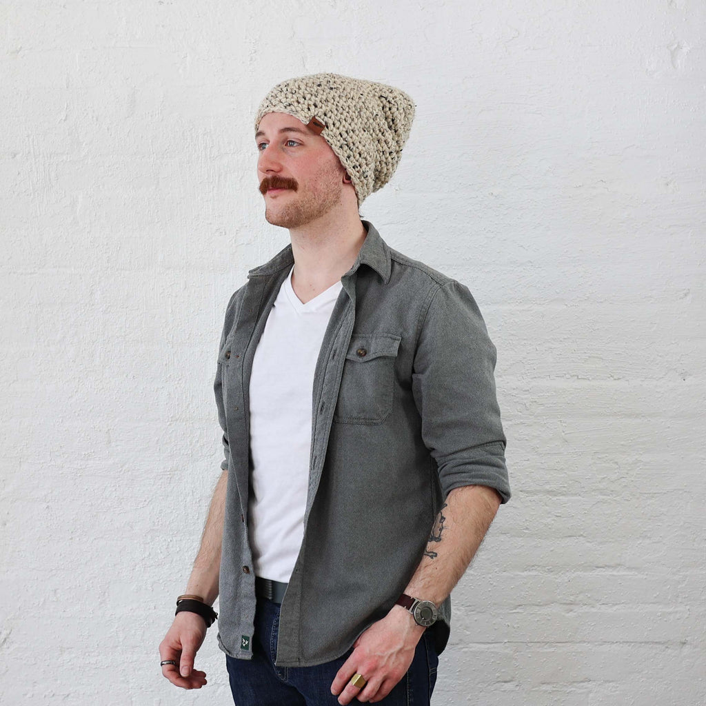 Slouchy oversized beanie in Oatmeal Off White Tweed Yarn color, thick Hand-crocheted weave 