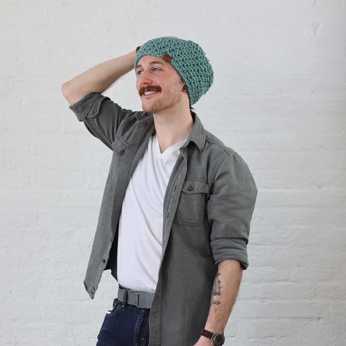 Slouchy Beanie in Lite Blue styled on a Man, street wear and casual style 