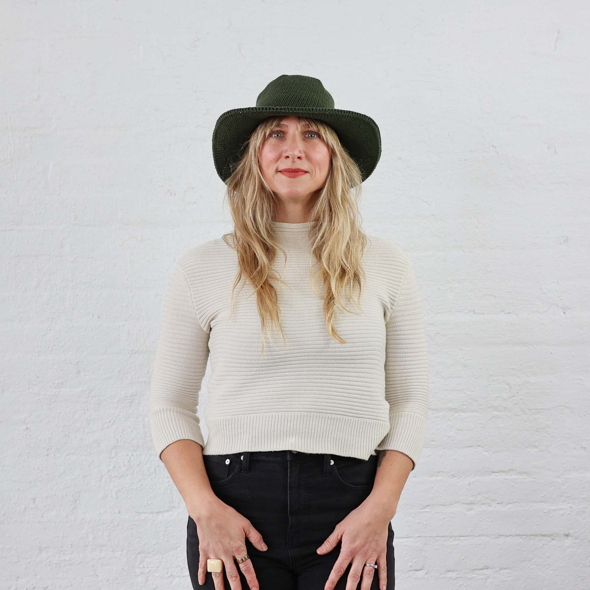 Leaf Green Crochet Cotton Sun Hat modeled on a female, casual every day style 