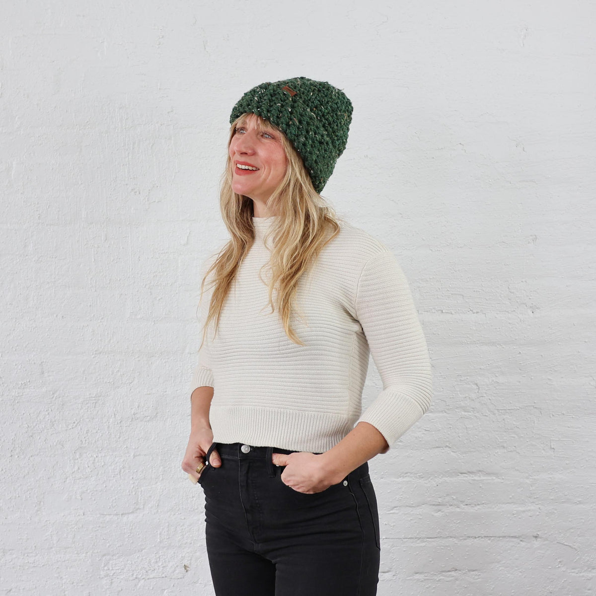 Thick Green Winter Hats for women and men. Acrylic Wool Yarn Green Tweed with specks of earth tones