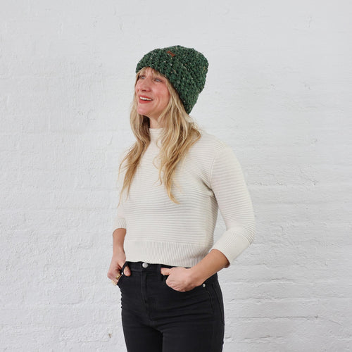 Thick Green Winter Hats for women and men. Acrylic Wool Yarn Green Tweed with specks of earth tones