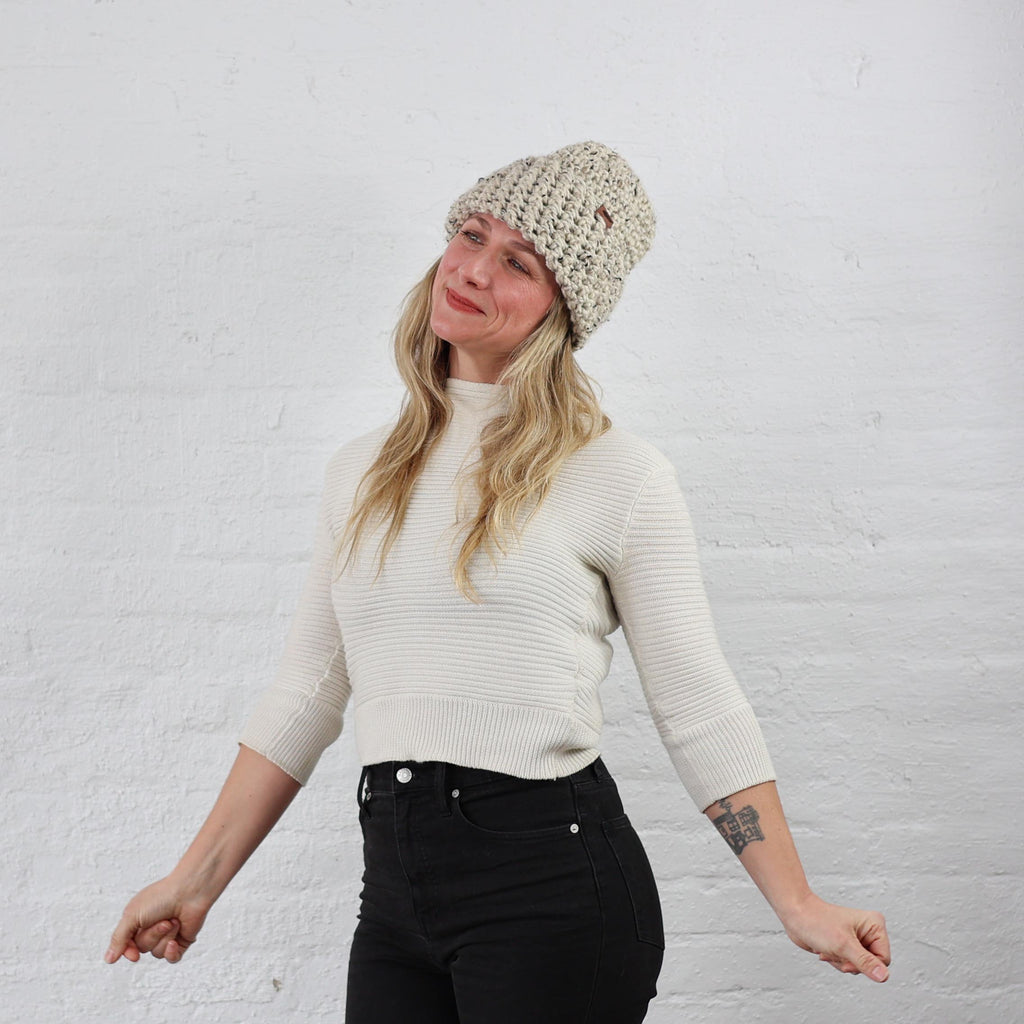 Off White Thick Knit Beanies with folded up Cuff styled on Adult Women