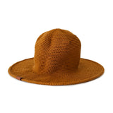 Packable Cotton Sun Hat for Women and Kids. Sandy brown Tan color, organic cotton crocheted stretchy hat, flexible wire brim. foldable, packable, crushable, sun protection. all seasonal hat that fits kids too