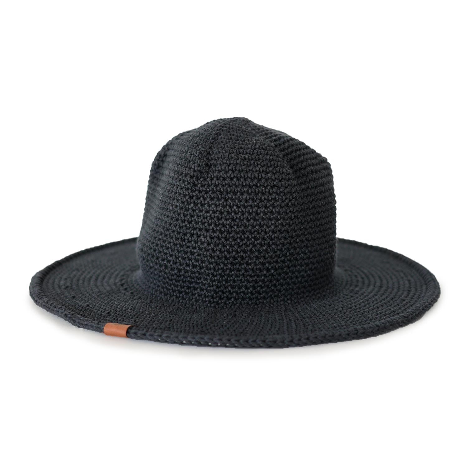 Black Cotton Crocheted Packable Sun Hat with a flexible wire brim. Stretchy to fit all sizes. Can be packed and folded easily in any size bag. An Subtle Black Ash Color option from low-impact dyes