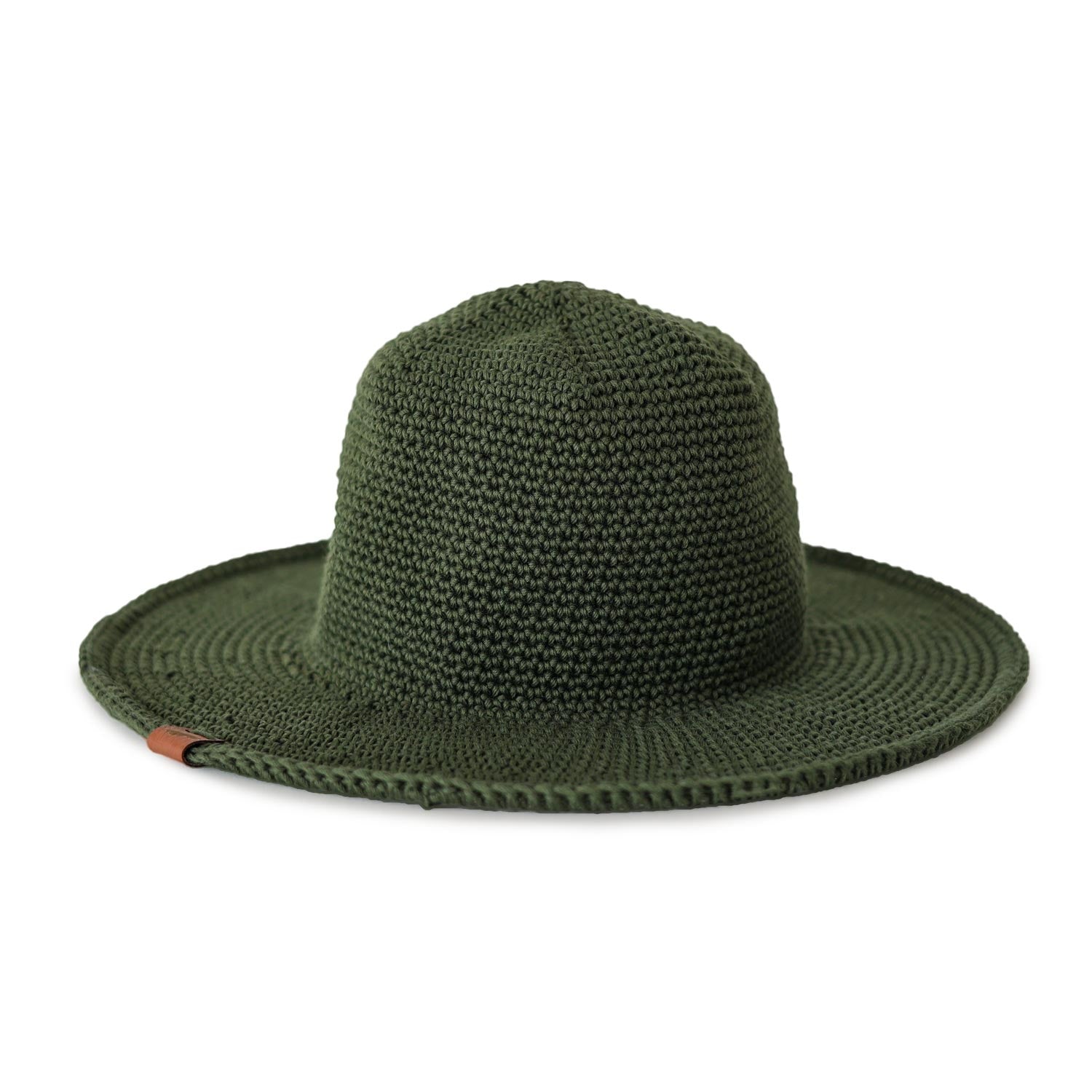 Packable Cotton Sun Hat in color Leaf Green, flexible wire brim that is foldable and crushable. Stretchy crochet fiber makes one-size fits most. Organic Cotton Machine Washable and Fits Kids too
